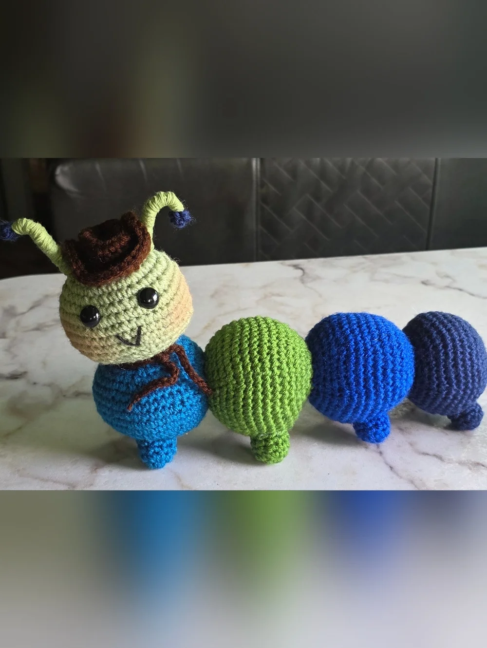 Handmade Green & Blue Crocheted Caterpillar Plush Toy